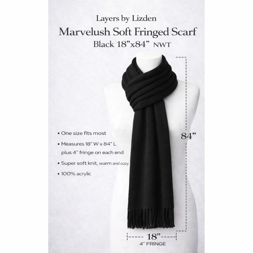 Layers by Lizden Marvelush Soft Fringed‎ Scarf Black 18x84 Knit Pashmina Wrap